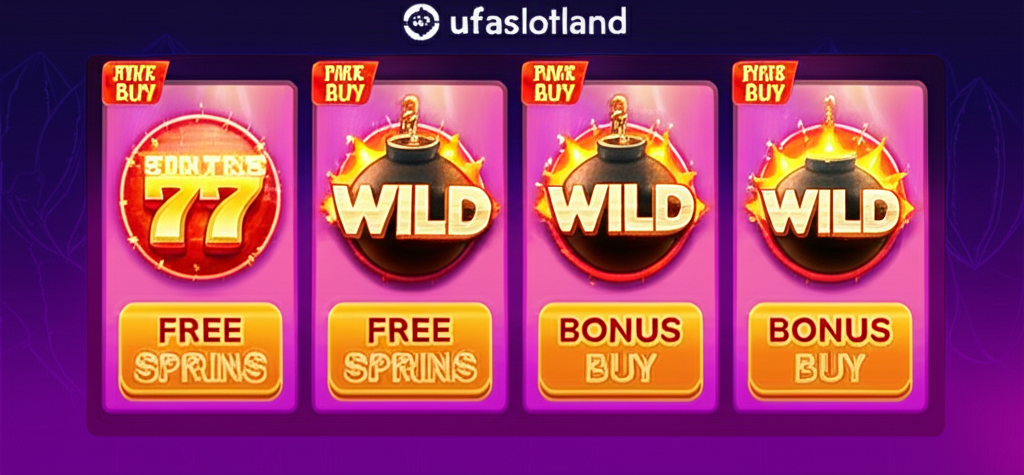 ภาพหน้าจอเกมสล็อตออนไลน์ยอดนิยมที่มีฟีเจอร์ฟรีสปินและ Bonus Buy พร้อมสัญลักษณ์ Scatter, Wild และ Multiplier bomb บนพื้นหลังทันสมัย พร้อมโลโก้ ufaslotland