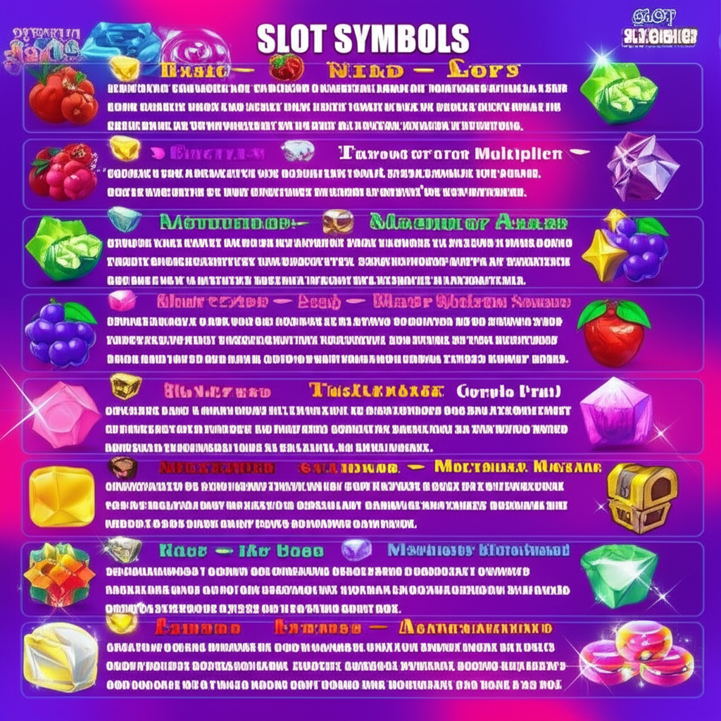อินโฟกราฟิกแสดงสัญลักษณ์สล็อตทั่วไปและสัญลักษณ์พิเศษ เช่น Wild, Scatter, Multiplier พร้อมอัตราการจ่ายและตัวอย่างเกมจาก ufaslotland