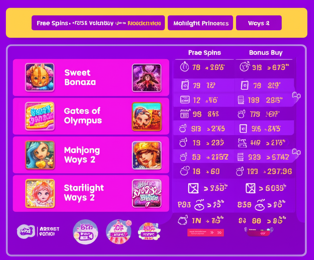 อินโฟกราฟิกรีวิวเกมสล็อตยอดนิยมบน ufaslotland พร้อมฟีเจอร์ฟรีสปินและ Bonus Buy แสดงสถิติ RTP, Volatility และฟีเจอร์พิเศษของแต่ละเกม