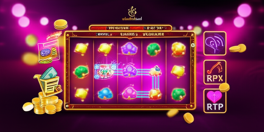 ภาพประกอบสล็อตแมชชีนที่แสดงความผันผวน (Volatility) พร้อมสัญลักษณ์ Payline และการวางแผนงบประมาณ สำหรับบทความเกี่ยวกับการเลือกเกมสล็อตอย่างมืออาชีพจาก ufaslotland