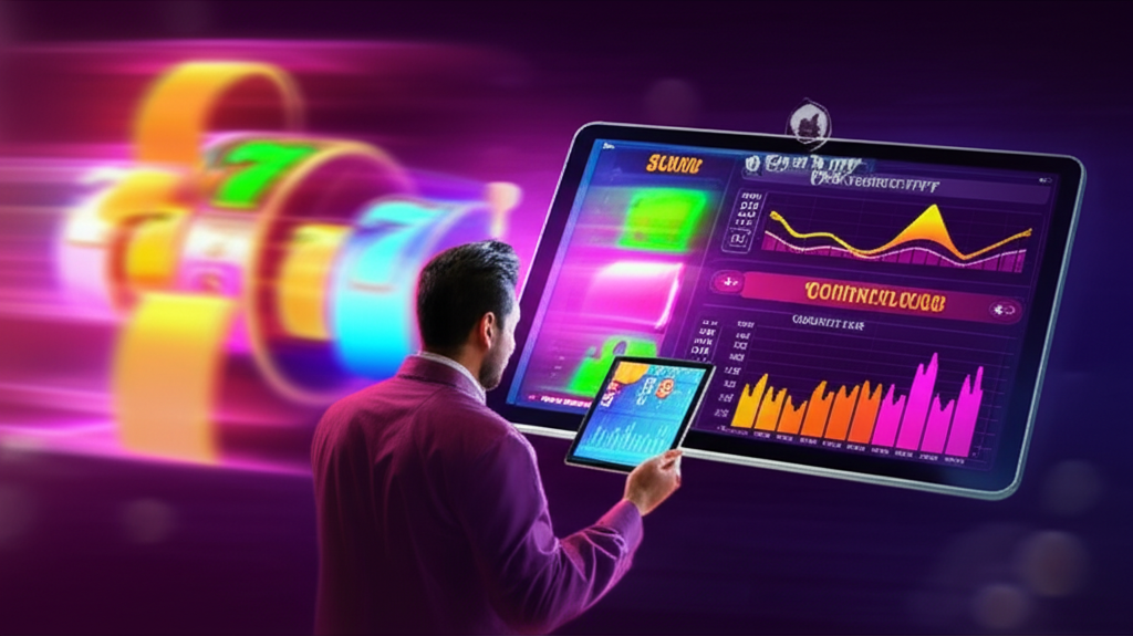 ภาพประกอบแนวมืออาชีพแสดงแนวคิด Volatility ในเกมสล็อต พร้อมกราฟ RTP และระดับความผันผวน และผู้เล่นวิเคราะห์ข้อมูลบนแท็บเล็ต แสดงความน่าเชื่อถือของ ufaslotland