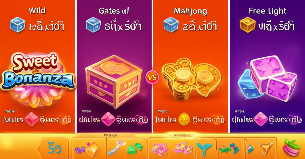 อินโฟกราฟิกเปรียบเทียบฟีเจอร์ Wild และฟีเจอร์พิเศษในเกมสล็อต Sweet Bonanza, Gates of Olympus, Mahjong Ways 2 และ Starlight Princess