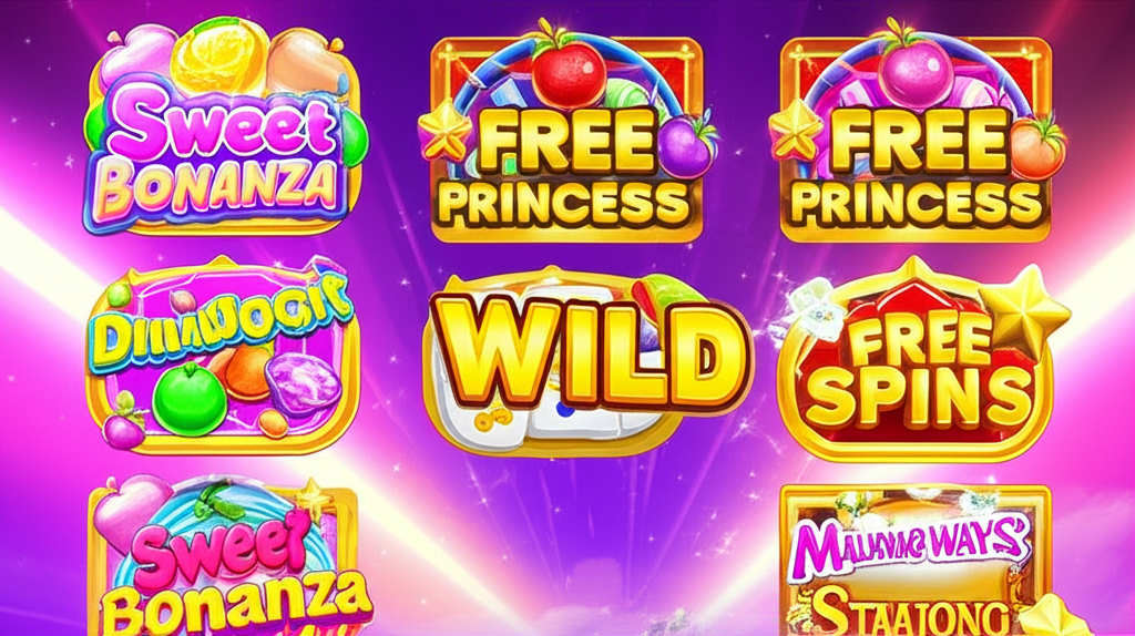 ภาพประกอบเกมสล็อตยอดนิยม Sweet Bonanza, Gates of Olympus, Mahjong Ways 2 และ Starlight Princess เน้นฟีเจอร์ Wild, Multiplier และฟรีสปิน