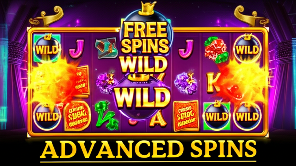 ภาพประกอบเกมสล็อตออนไลน์แสดงฟีเจอร์ Wild เพิ่ม, Multiplier Bomb และ Expanding Free Spins บนหน้าจอสล็อตในบรรยากาศคาสิโนที่สว่างไสว