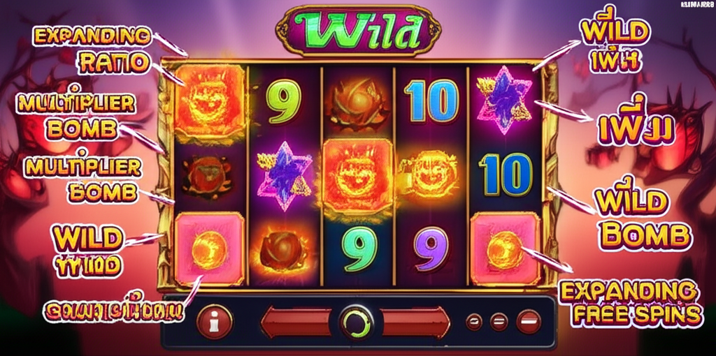 อินโฟกราฟิกแสดงการผสานฟีเจอร์ Wild เพิ่ม, Multiplier Bomb และ Expanding Free Spins ในเกมสล็อต พร้อมคำแนะนำเทคนิคเป็นภาษาไทย