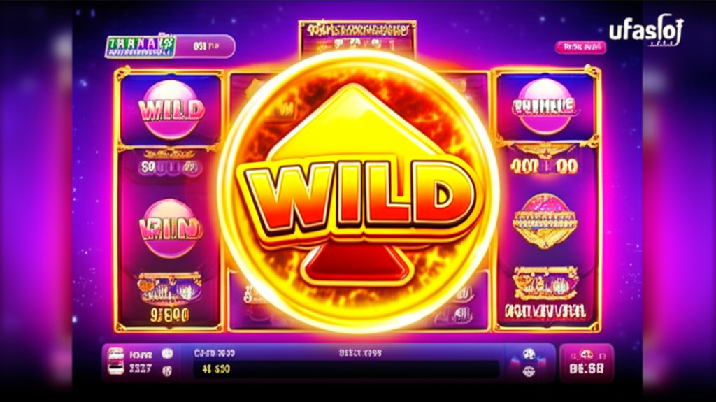 ภาพประกอบสัญลักษณ์ Wild Symbol บนหน้าจอเกมสล็อตออนไลน์ พร้อมฟีเจอร์ Multiplier และ Free Spins แสดงโลโก้ ufaslotland
